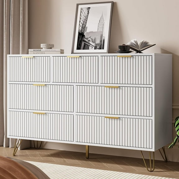 FURNIWAY Dresser for Bedroom, Fluted Modern Dresser with Gold Pulls and 7 Drawers,Fluted Wood TV Stand for Living Room, Hallwa,White