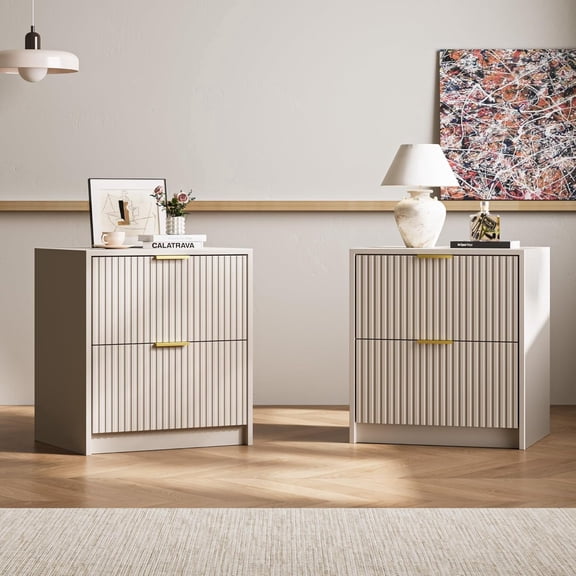 FURNIWAY Fluted Nightstands Set of 2 with 2 Drawers, 19.6" Modern Storage Bedside Table with Golden Metal Handles, Wooden End Table for Bedroom, Beige