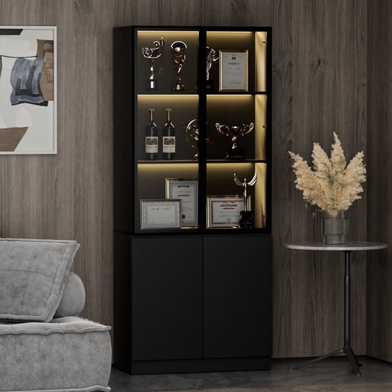 FURNIWAY Display Cabinet with Glass Doors & Lights, Curio with 2 Shelves, Glass Display Cabinet for Living Room, Home Office, Bedroom, Black