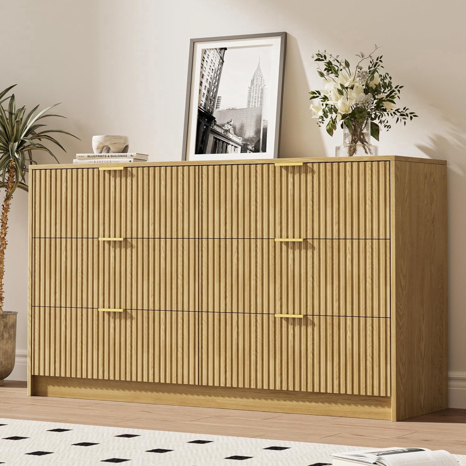 FURNIWAY Natural 6 Drawer Dresser for Bedroom, 55 Inch Wide Modern Chest of Drawers with Fluted Wood Front and Gold Metal Handles for Living Room Hallway