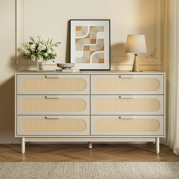 FURNIWAY Natural Rattan 6-Drawer Dresser, 55" Wide Bohemian Wood Storage Cabinet with Solid Wood Legs, Modern Farmhouse Chest of Drawers for Bedroom, Living Room, Nursery, and Entryway Organizati