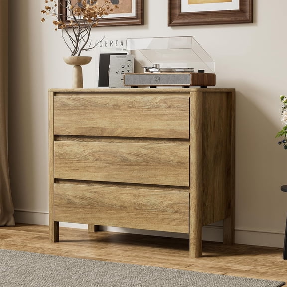 FURNIWAY Oak 3 Drawer Dresser for Bedroom, 31.4 Inch Wide Wooden Chest of Drawers with Hidden Handles, Modern Storage Cabinet for Bedroom or Entryway