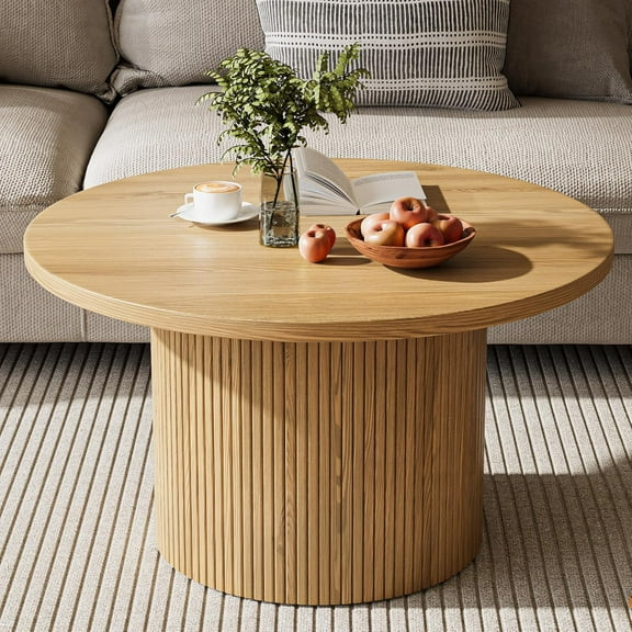 FURNIWAY Round Coffee Table with Storage, 35" Coffee Tables for Living Room, Circle Wood Accent Center Table for Apartment, Oak