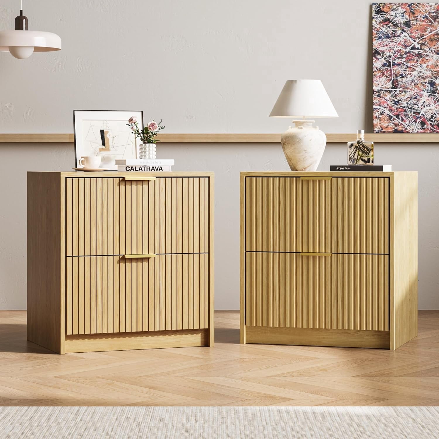 FURNIWAY Set of 2 Fluted Nightstand with 2 Drawers, Modern Storage Bedside Table with Golden Metal Handles, Wooden End Table for Bedroom, Living Room,Nature Oak