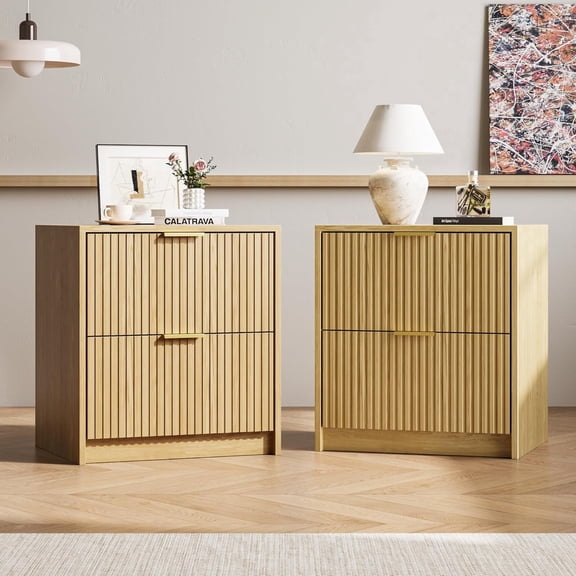 FURNIWAY Set of 2 Fluted Nightstand with 2 Drawers, Modern Storage Bedside Table with Golden Metal Handles, Wooden End Table for Bedroom, Living Room,Nature Oak