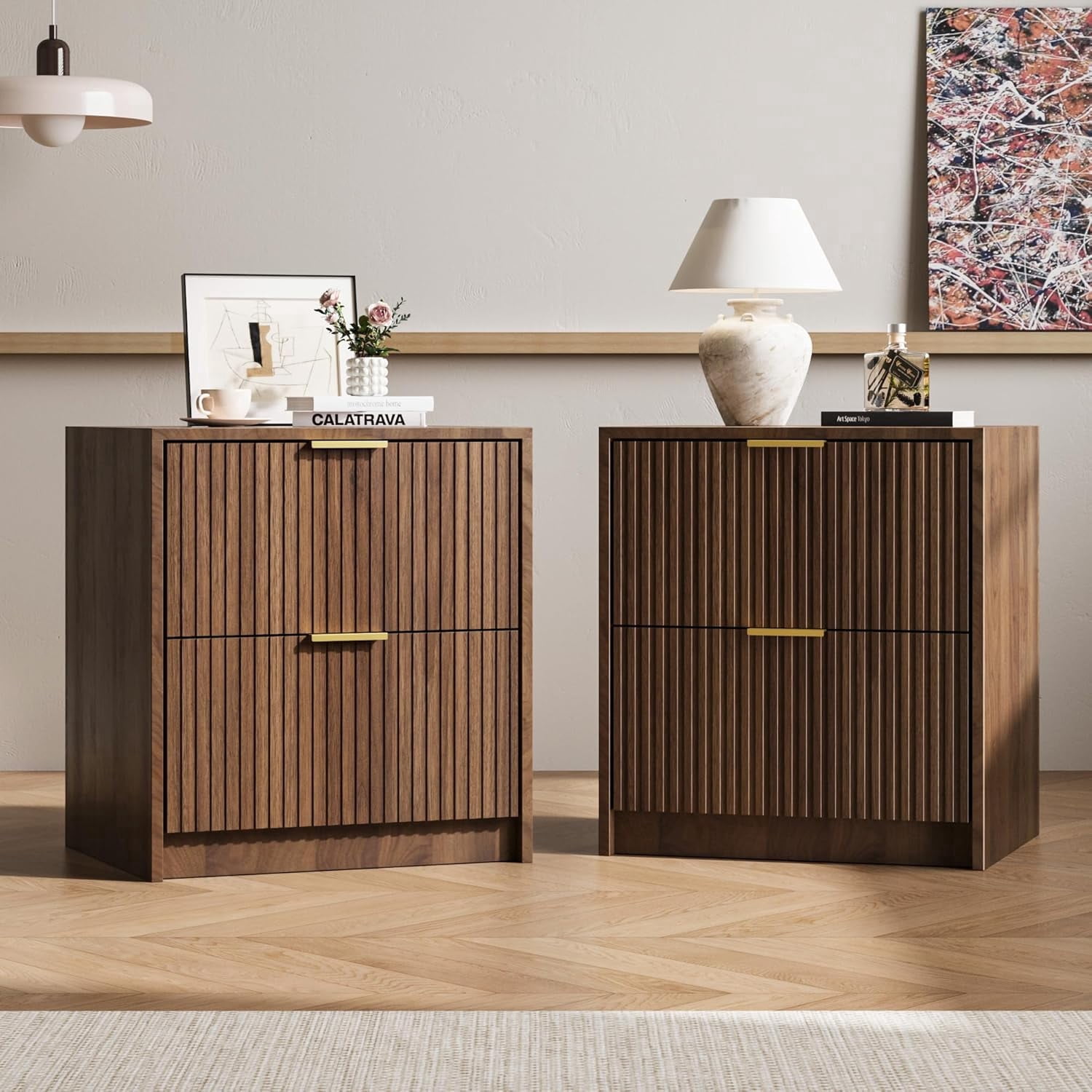 FURNIWAY Set of 2 Fluted Nightstand with 2 Drawers, Modern Storage Bedside Table with Golden Metal Handles, Wooden End Table for Bedroom, Living Room,Walnut