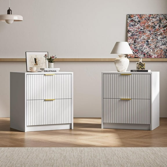 FURNIWAY Set of 2 Fluted Nightstand with 2 Drawers, Modern Storage Bedside Table with Golden Metal Handles, Wooden End Table for Bedroom, Living Room, White