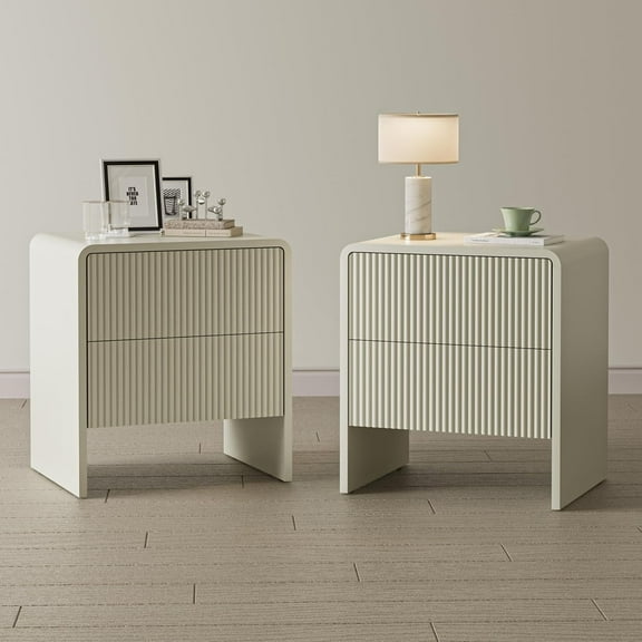 FURNIWAY Set of 2 Curved Nightstand with 2 Drawers, Wooden Bedside Table with Pop-up Design, Modern End Table for Bedroom, Living Room, Beige