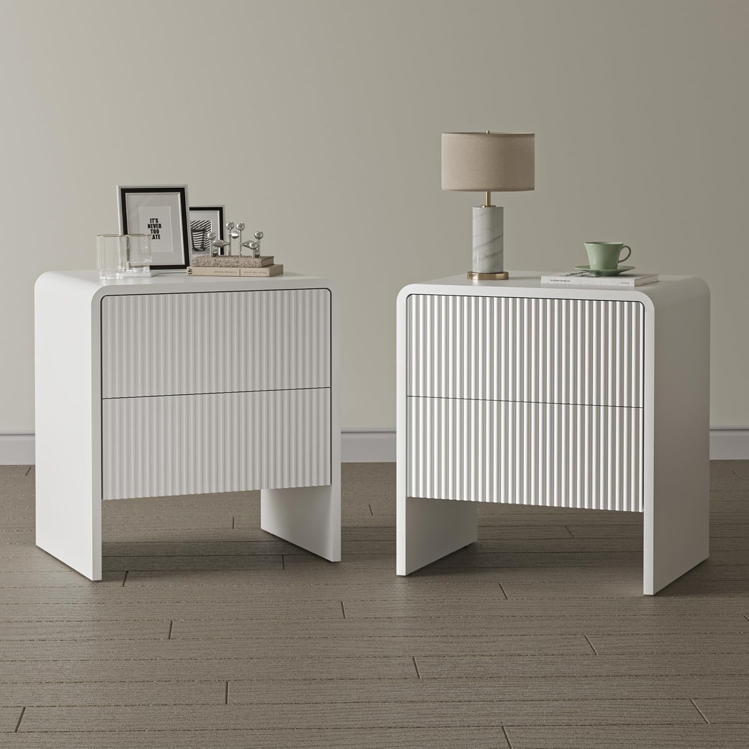 FURNIWAY Set of 2 Curved Nightstand with 2 Drawers, Wooden Bedside Table with Pop-up Design, Modern End Table for Bedroom, Living Room, White