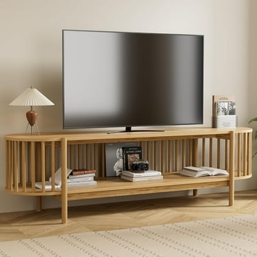 FURNIWAY TV Stand for TVs up to 75", Modern Entertainment Center with Open Storage Shelves, 2-Tier TV Console for Living Room & Bedroom, Natural Wood Finish Media Cabinet,Wood