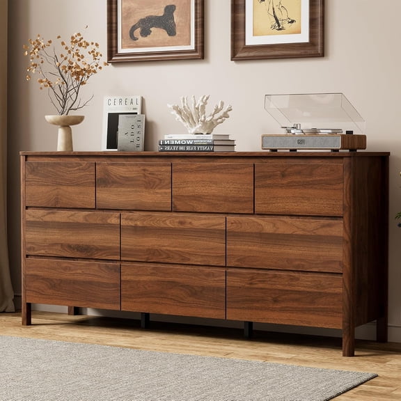 FURNIWAY Walnut 10 Drawer Dresser for Bedroom, 63 Inch Modern Tall Chest of Drawers with Hidden Handles, Large Wooden Storage Organizer for Living Room, Hallway and Closet