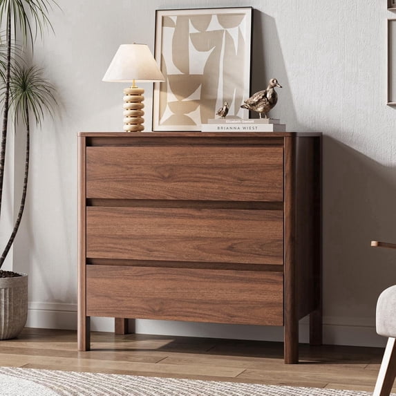 FURNIWAY Walnut 3 Drawer Dresser for Bedroom, 31.4 Inch Wide Wooden Chest of Drawers with Hidden Handles, Modern Storage Cabinet for Bedroom or Entryway