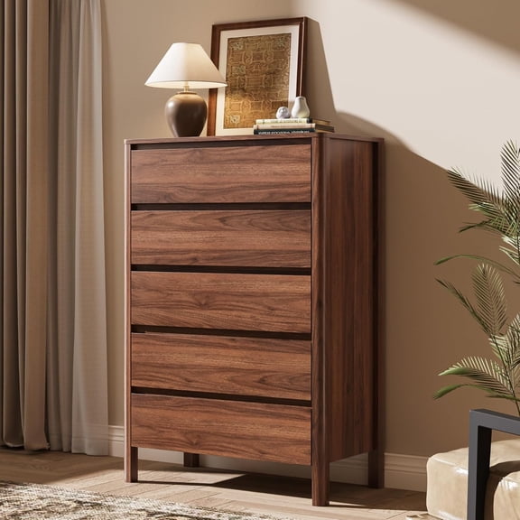 FURNIWAY Walnut 5 Drawer Dresser for Bedroom, Modern Tall Dresser with Hidden Handles, Space-Saving Wooden Drawer Organizer, Living Room, or Hallway, Vertical Storage Chest of Drawers