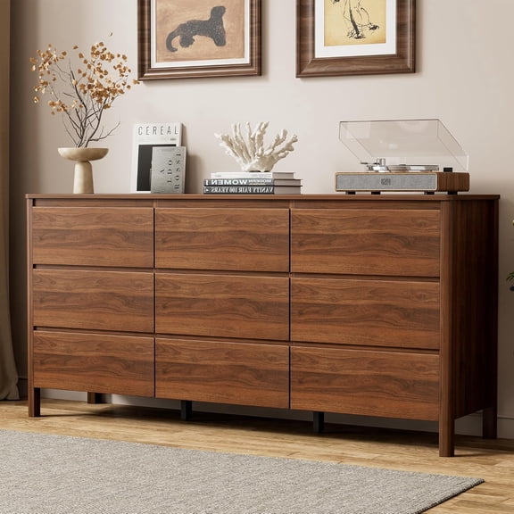 FURNIWAY Walnut 9 Drawer Dresser for Bedroom, Modern Tall Dresser with Hidden Handles, Space-Saving Wooden Drawer Organizer, Living Room, or Hallway, Vertical Storage Chest of Drawers