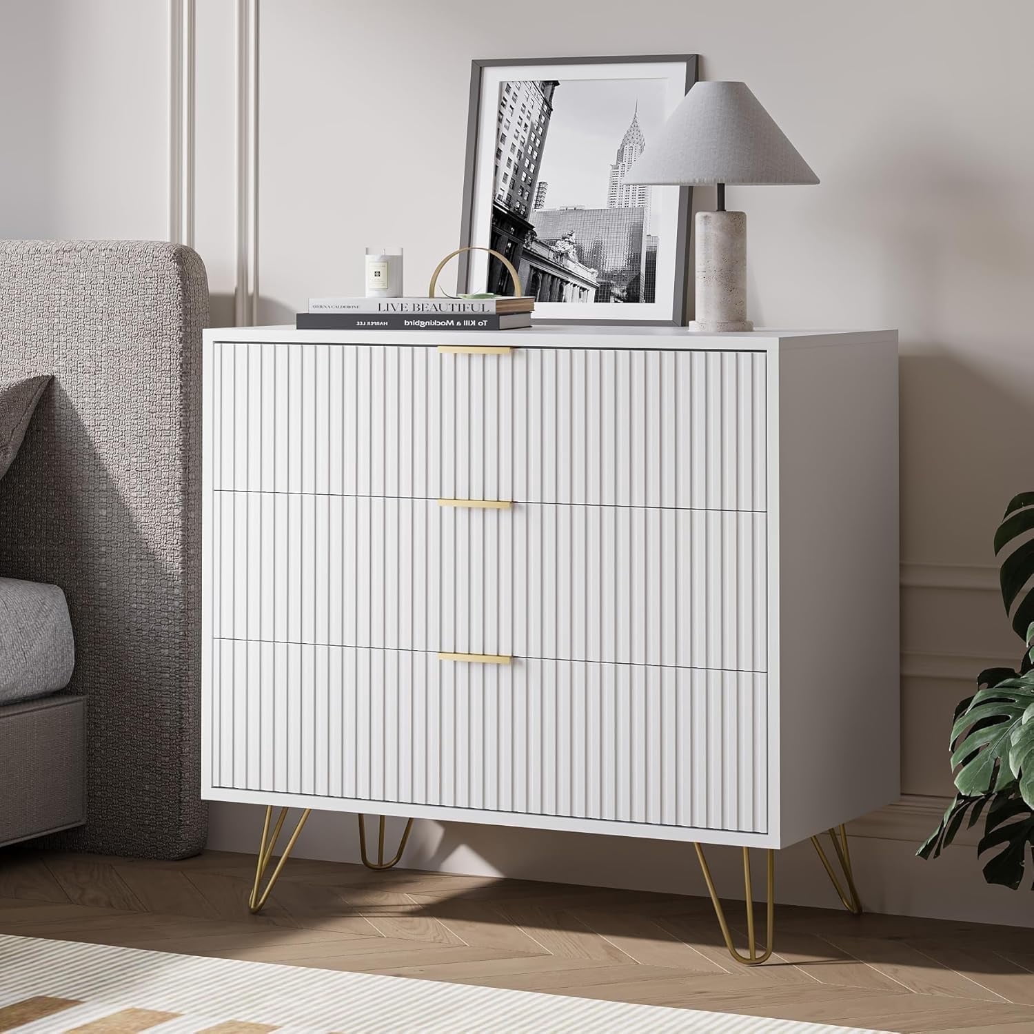 FURNIWAY White 3 Drawer Dresser for Bedroom, Modern Closet Dressers Chest of Drawers, Fluted Dresser Chest Cabinet with Gold Metal Handles, Nightstand for Bedroom, Living Room, Hallway, Entryway