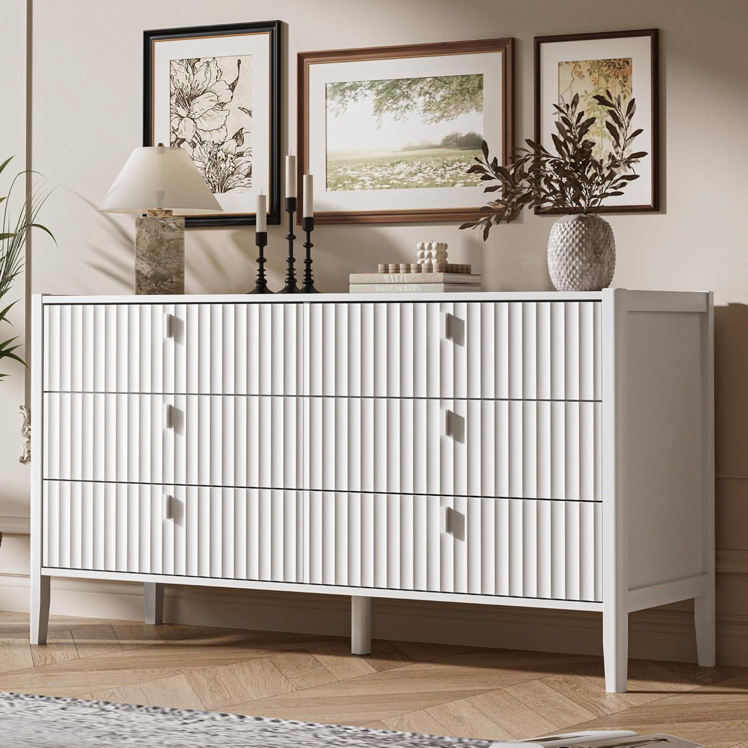 FURNIWAY White 6 Drawer Dresser for Bedroom, Modern Wood Dresser, Fluted Design Double Chest of Drawers with Wood Legs, TV Stand Storage Cabinet for Bedroom, Living Rooms, Offices, and Entryways