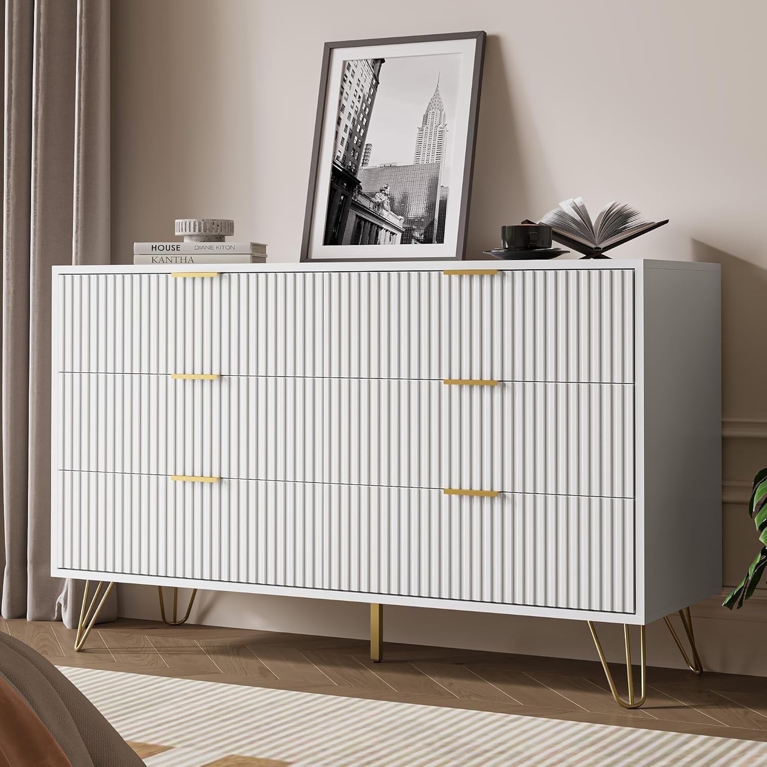 white contemporary dresser Bernhardt Macauley White Contemporary Dresser in Herringbone Pattern