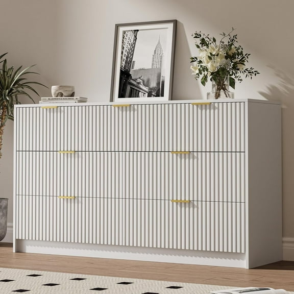 FURNIWAY White 7 Drawer Dresser, Fluted Wood Clothes Storage Organizer & Cabinet for Bedroom, Modern Chest with Gold Metal Handles, Wide Dresser for Bedroom,Living Room,Hallway