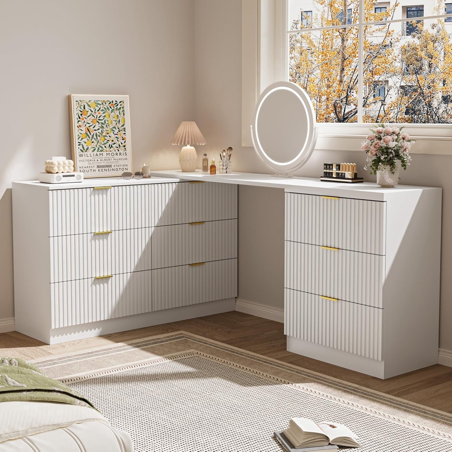 l shaped dresser 48 Inch Black Dresser for Bedroom, Corner TV Stand for 43, 55 inch TV, L  Shaped Chest of Drawer with Storage and Open Shelves, 12 Drawer Fabric  Dresser for Closet, for Small Place