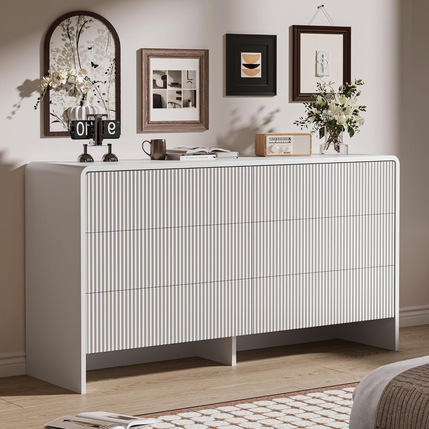 FURNIWAY White Curved 6 Drawer Dresser Push to Open Modern Curved Storage for Bedroom Living Room Closet