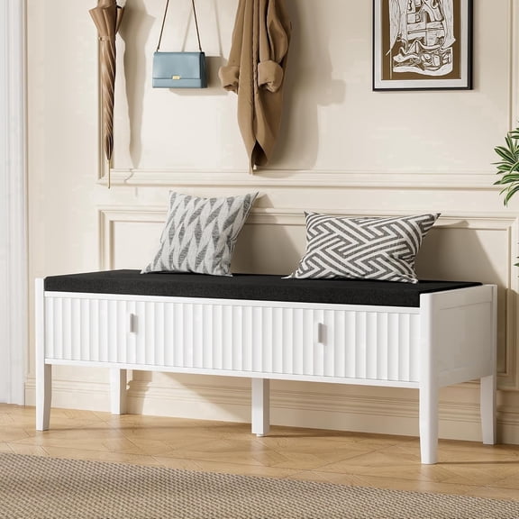 FURNIWAY White Fluted Shoe Storage Bench with 2 Drawers and Cushioned Seat, 47.2 Inch Entryway Bench with Open Shoe Shelf for Bedroom Living Room Hallway
