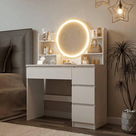 FURNIWAY White Makeup Vanity Desk with LED Mirror and Lights, 39.4 Inch Dressing Table with Drawers and Open Shelves for Bedroom