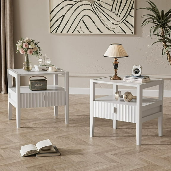 FURNIWAY White Nightstand Set of 2, Modern Bedside Table with Drawer & Open Storage Shelf, 2-Tier Night Table with for Bedroom,Living Room,Hallway