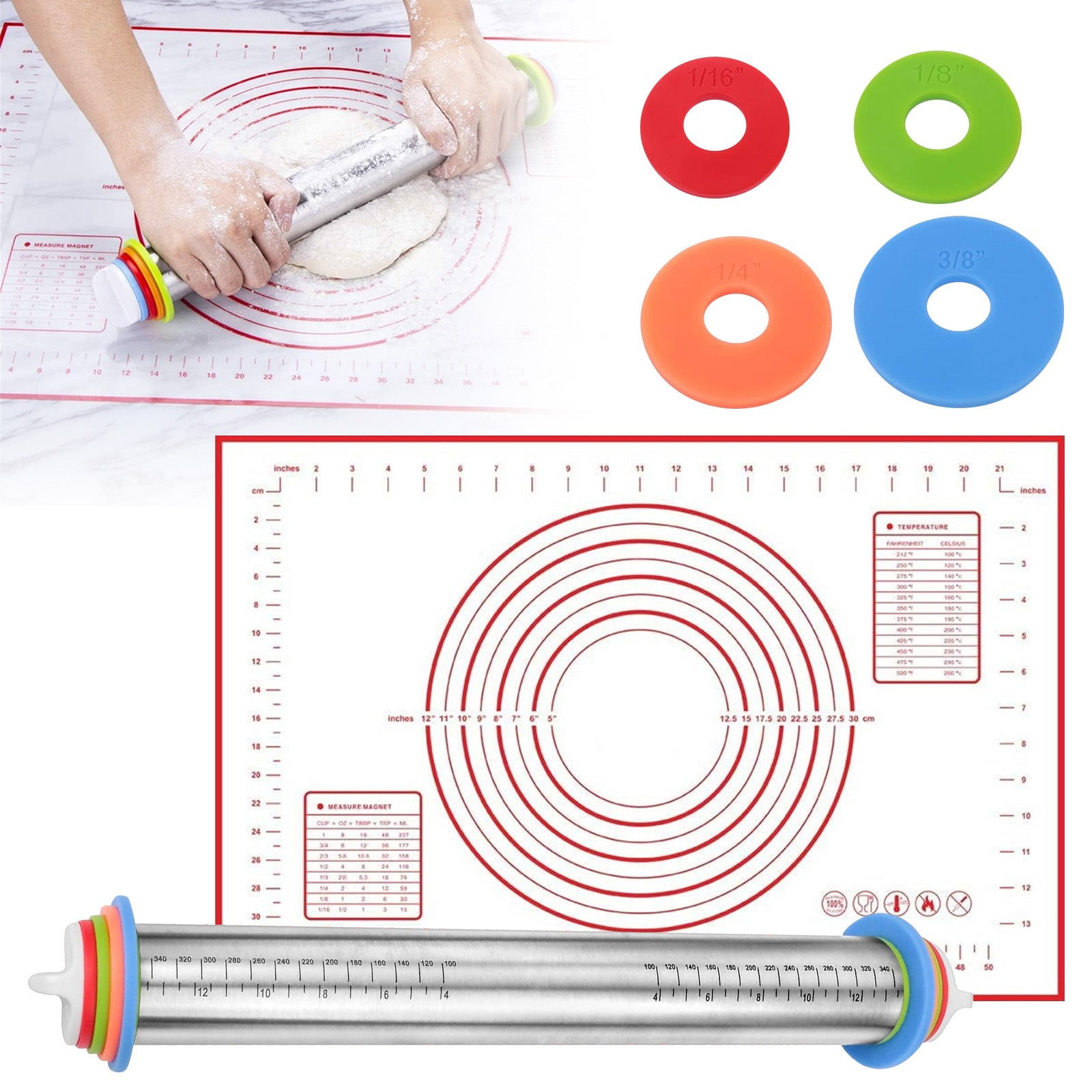 FURNIX 17-Inch Adjustable Rolling Pin,Silicone Baking Mat,430 Stainless Steel Dough Roller,Uniform Thickness Rings,Non-Slip Heat-Resistant Mat,Dishwasher-Safe Baking Tool