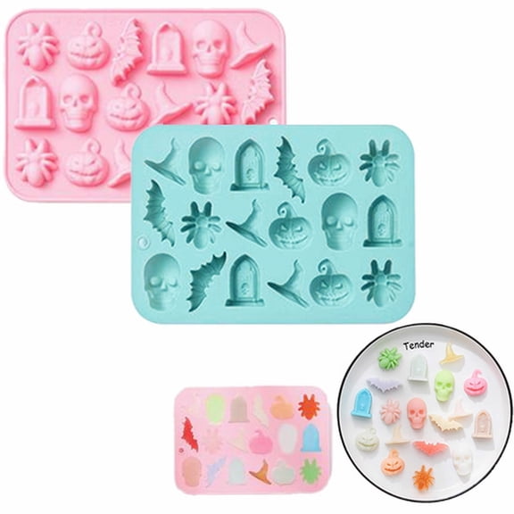 FURNIX 18 Cavity Halloween Mold 3D Halloween Silicone Molds For Chocolate Skulls,Pumpkins,Ghosts,Bats - Flexible & Bpa-Free Ice Cube Trays For Baking,Cocktails,Festive Treats Blue 7.2X4.9In