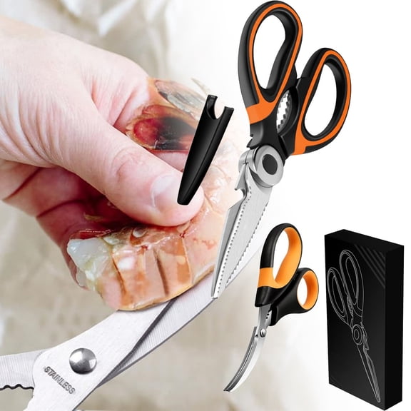 FURNIX 2-Piece Stainless Steel Heavy-Duty Kitchen Bone Scissors Set With Poultry Shears And Seafood Curved Scissors For Cutting Chicken Bones Ribs Crab Lobster Comfortable Grip With Storage Cover