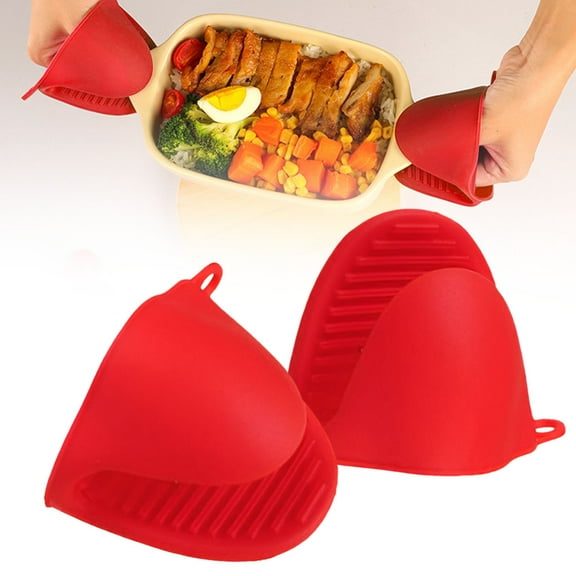 FURNIX 2Pc Silicone Oven Mitts,Heat Resistant Cooking Grips,Mini Finger Protector,Kitchen Pinch Mitts,Bbq Baking Gloves,Pot Holder Accessories,Heat Shield Tool,Reusable Kitchen Grips Red