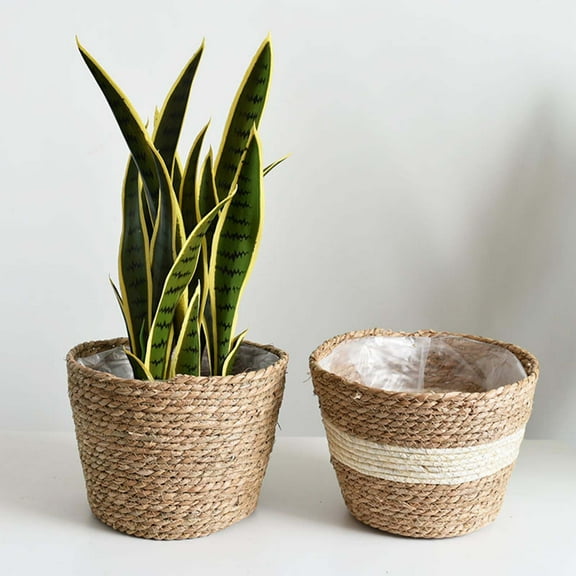 FURNIX 2pc Hand-Woven Wicker Flower Baskets,Foldable Storage for Home Decor,Natural Straw,13x15x18cm,Natural Woven Storage Baskets,Rustic Style,Can Be Hung or Placed,for Plants,Towels,or Essentials