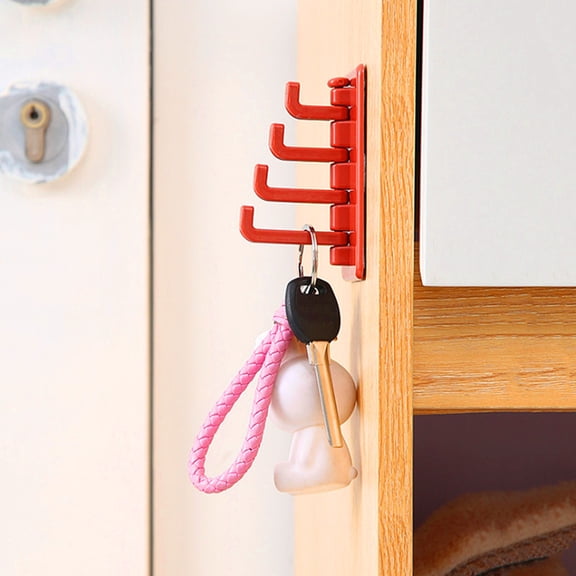 FURNIX 4-Rotating No-Drill Adhesive Hook Rack,9.3cm Space-Saving Wall Sticker Hanger for Towels Keys Bags,ABS Plastic(Red),Multi-Angle Swivel Wall Hook,Self-Adhesive Holder for Bathroom Kitchen