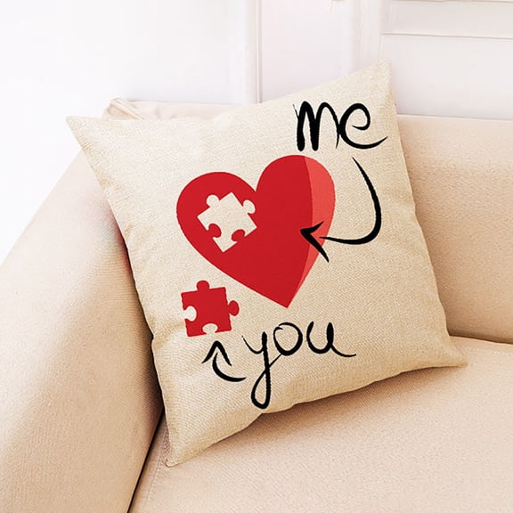 FURNIX 45x45cm Valentine's Day Linen Pillow Cover,Love Heart Print Square Cushion Case,Sofa Bed Decoration,Romantic Throw Pillow Cover,Single-Sided Print,Hidden Zipper,Washable Farmhouse Style