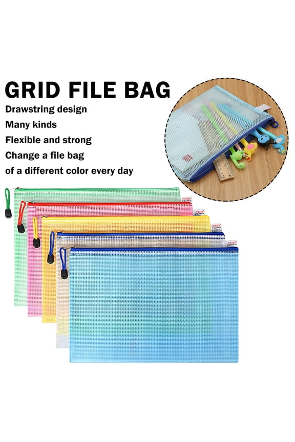 5-Pack A5 Mesh Zipper Pouch,Water-Resistant PVC Document Bag,Semi-Transparent Pencil Case,Office Stationery Organizer,Zipper Bags,Portable with Rope Hook,Versatile Use for Cosmetics Chargers