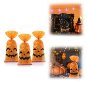 FURNIX 50 pcs Halloween Cellophane Treat Bags Trick or Treat snack bag,Pumpkin Smile Pattern Plastic Bags,Halloween all Thanksgiving Party Decorations Gift bag for Popcorn,Cookies,Candies Orange