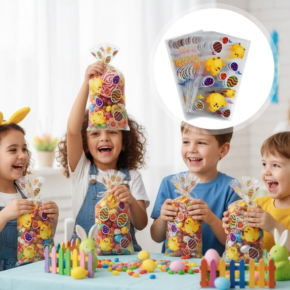 FURNIX 50Pc Clear Easter Bunny Chick Candy Bags,Cheerful Yellow Chick & Easter Egg Stickers Lightweight & Portable – Perfect For On-The-Go Use,Spring Easter Treat Candy Bags,Twist Ties Party Supplies