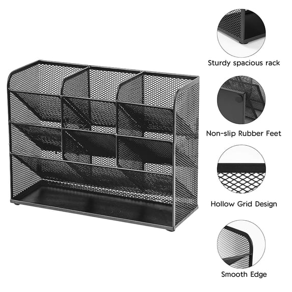 FURNIX 9-Compartment Metal Mesh Pen Holder,Desk Stationery Organizer with Non-Slip Feet,Multi-Purpose Pencil Stand,Network Organizer for Office Supplies,Scissors Ruler Cell Phone Holder