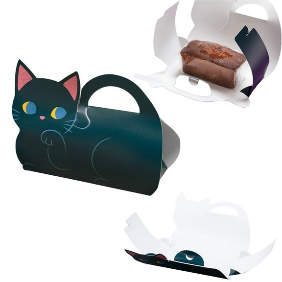 FURNIX Cat Halloween Gable Gift Box,1pc Black Greaseproof Paper Barn Box with Handle,Party Favor Candy Container,Spooky Cute Treat Box,Easy Assembly No-Mess Tabs,PE Lining Oil Resistant,cat gable box