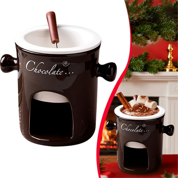 FURNIX Chocolate Fondue Candle, Chocolate Fondue Cups, Ceramic, Candy Fondue Cup 130 Ml With Fork For Dinner Butter Warmer Tapas At Home, Fondue For Chocolate And Cheese,Brown