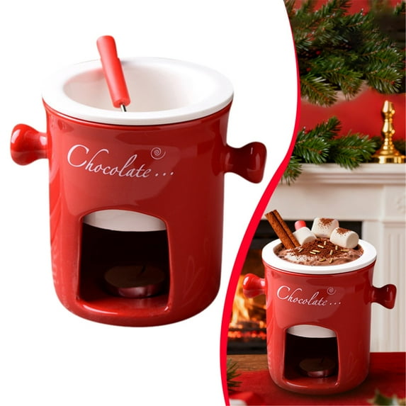 FURNIX Chocolate Fondue Candle, Chocolate Fondue Cups, Ceramic, Candy Fondue Cup 130 Ml With Fork For Dinner Butter Warmer Tapas At Home, Fondue For Chocolate And Cheese,Red