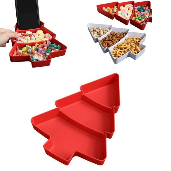 FURNIX Christmas Tree Serving Platter,Divided Plastic Dish,Multifunction Appetizer Tray,Holiday Snack Platter,Festive Food Serving Dish,Party Candy Nut Tray,Xmas Themed Serving Plate,Red
