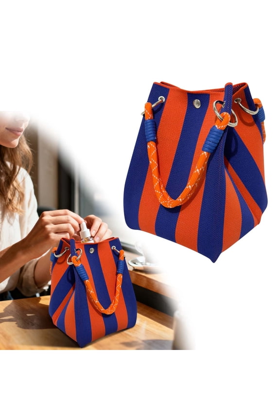 Crochet Bucket Handbag,Orange Knit Tote Bag,Retro Wristlet Purse,Striped Knit Bag,Buckle Closure,Detachable Rope Handle,Durable Polyester Bag,Beach Travel Weekend,Work Commute Holiday Gift
