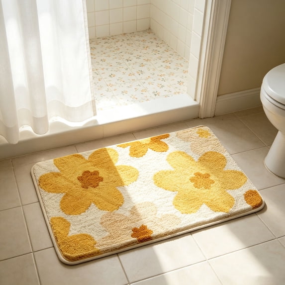 FURNIX Cute Sunflower Bath Mat,Yellow 23X16In Plush Non Slip Door Mat,Soft Fluffy Absorbent Polyester Mat,Machine Washable Quick Dry,Home Anti Slip Decorative Rug,Aesthetic Funny Decor Rug