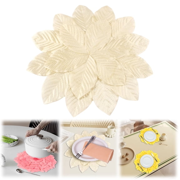 FURNIX Decorative Placemat Set Of 4,White 14.96" Magnolia Leaf Flower Shape Placemat,Stain Resistant Vinyl Table Mats,Easy Clean Plastic Place Mat,Elegant Decor For Kitchen,Restaurant Table Placemat