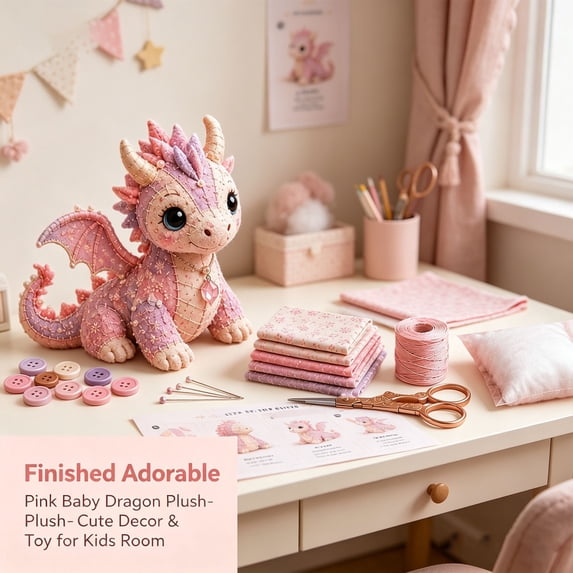 FURNIX Diy Felt Sewing Kit Dragon Pink For Beginners,3D Stuffed Animal Plush Craft With Pre Cut Fabric And Instructions,Handmade Patchwork Creature For Home Decor Gift
