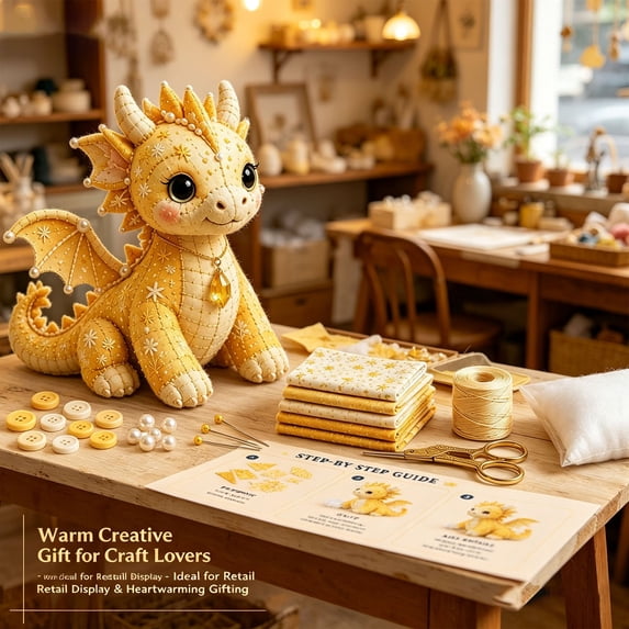 FURNIX Diy Felt Sewing Kit Yellow Dragon Patchwork Animal,3D Stuffed Plush Craft For Adults Beginners With Pre Cut Fabric,Handmade Mythical Creature Home Decor