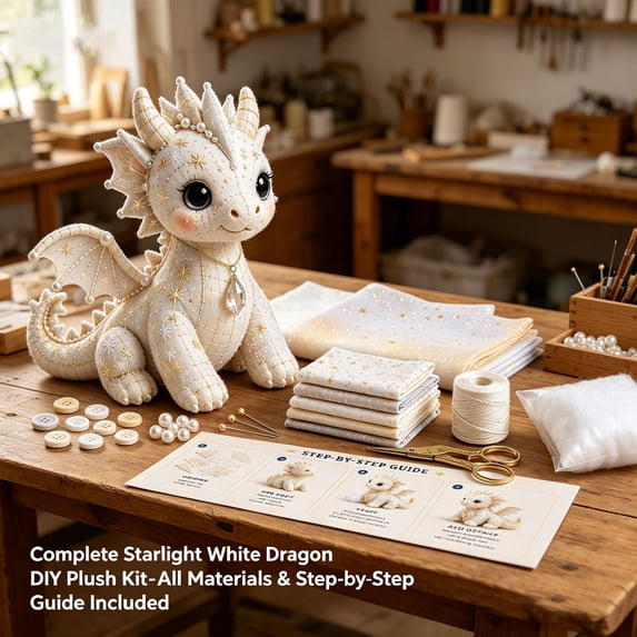 FURNIX Felt Dragon Diy Sewing Kit Cream White For Beginners,3D Stuffed Animal Patchwork Craft With Pre Cut Materials,Handmade Plush Creature For Desk Decor Gift
