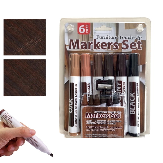 FURNIX Furniture Scratch Repair Marker Pen Set,6 Pens+6 Wax Crayons+Sharpener,Wood Floor Touch Up Kit,Wood Scratch Concealer Kit,6 Color,Water-Based Marker,Wax Stick,Sharpener,for Home Improvement