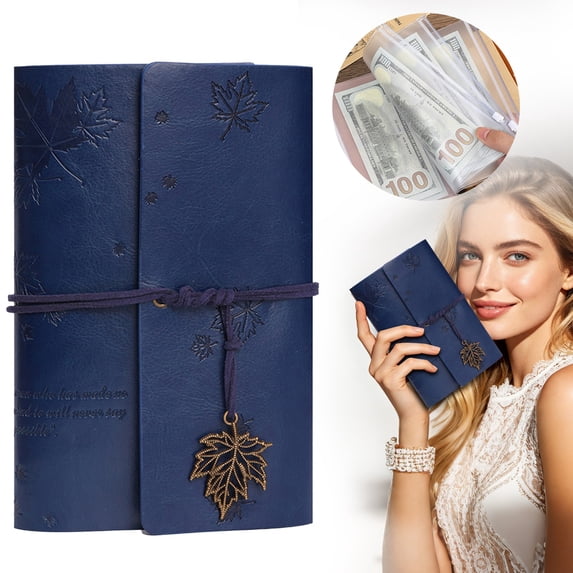 FURNIX Leather Journal Notebook,A6 Blue Maple Leaf Ring Notebook (80 Sheets + 5 Pockets),Refillable Writing Journal Diary Planner,Scrapbook For Diy Memory Book,Gifts For Women,Men,Friends,Lover